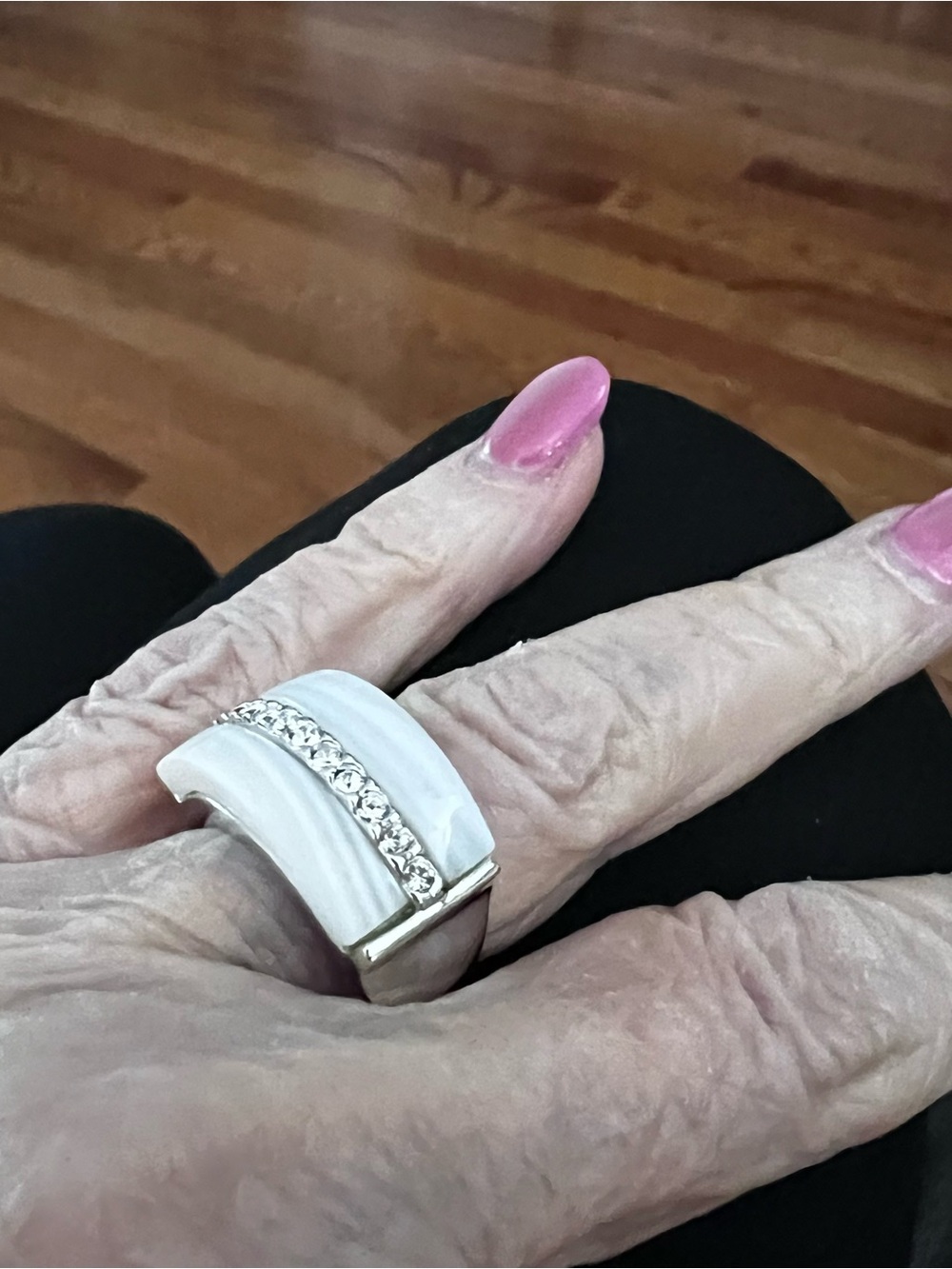 Carmella Lucie  White Ceramic Ring with Crystal Row and Silver Accents - Picture 3 of 9